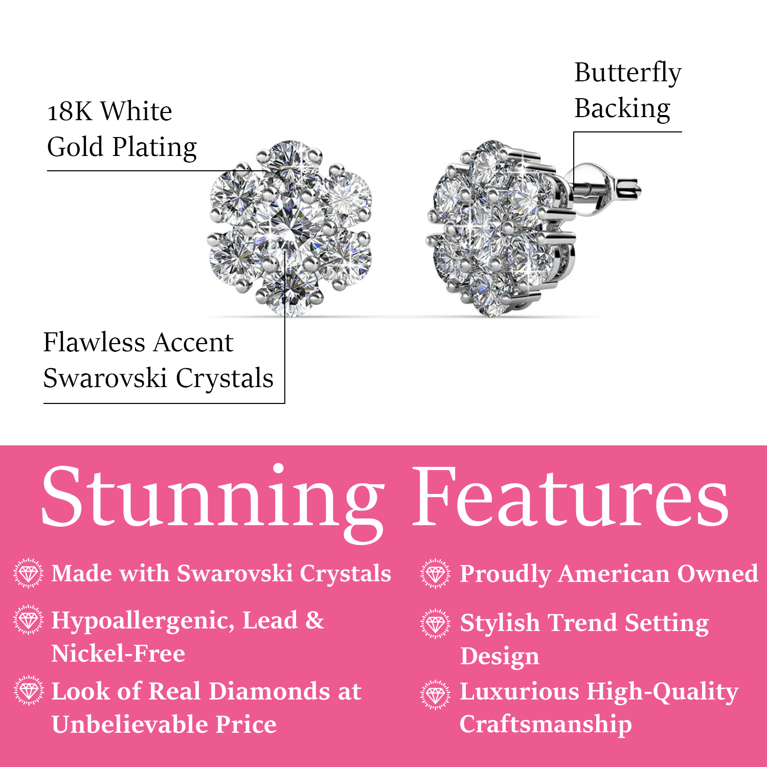 Maggie 18k White Gold Plated Flower Stud Earrings with Swarovski Crystals