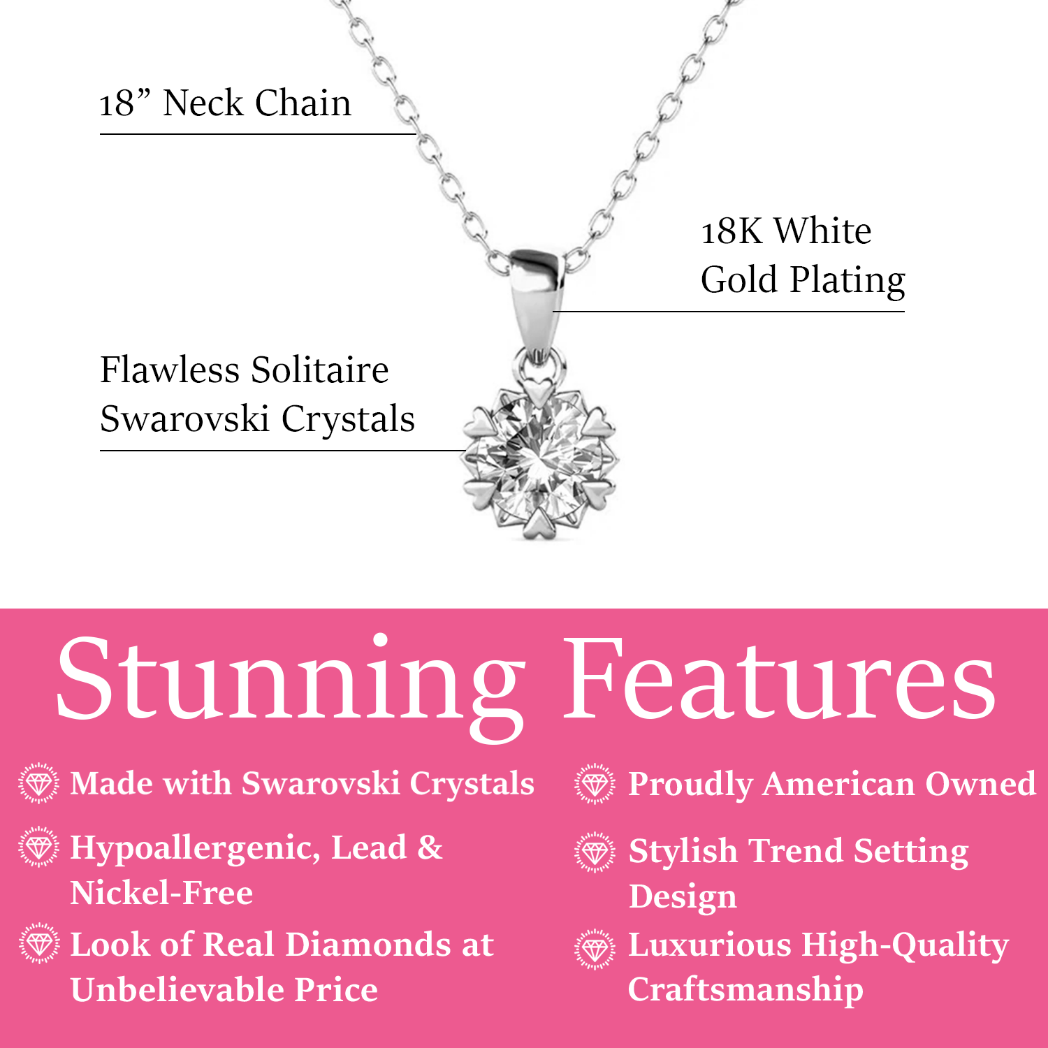 Maggie 18k White Gold Plated Pendant Necklace with Round Cut Solitaire Swarovski Crystal