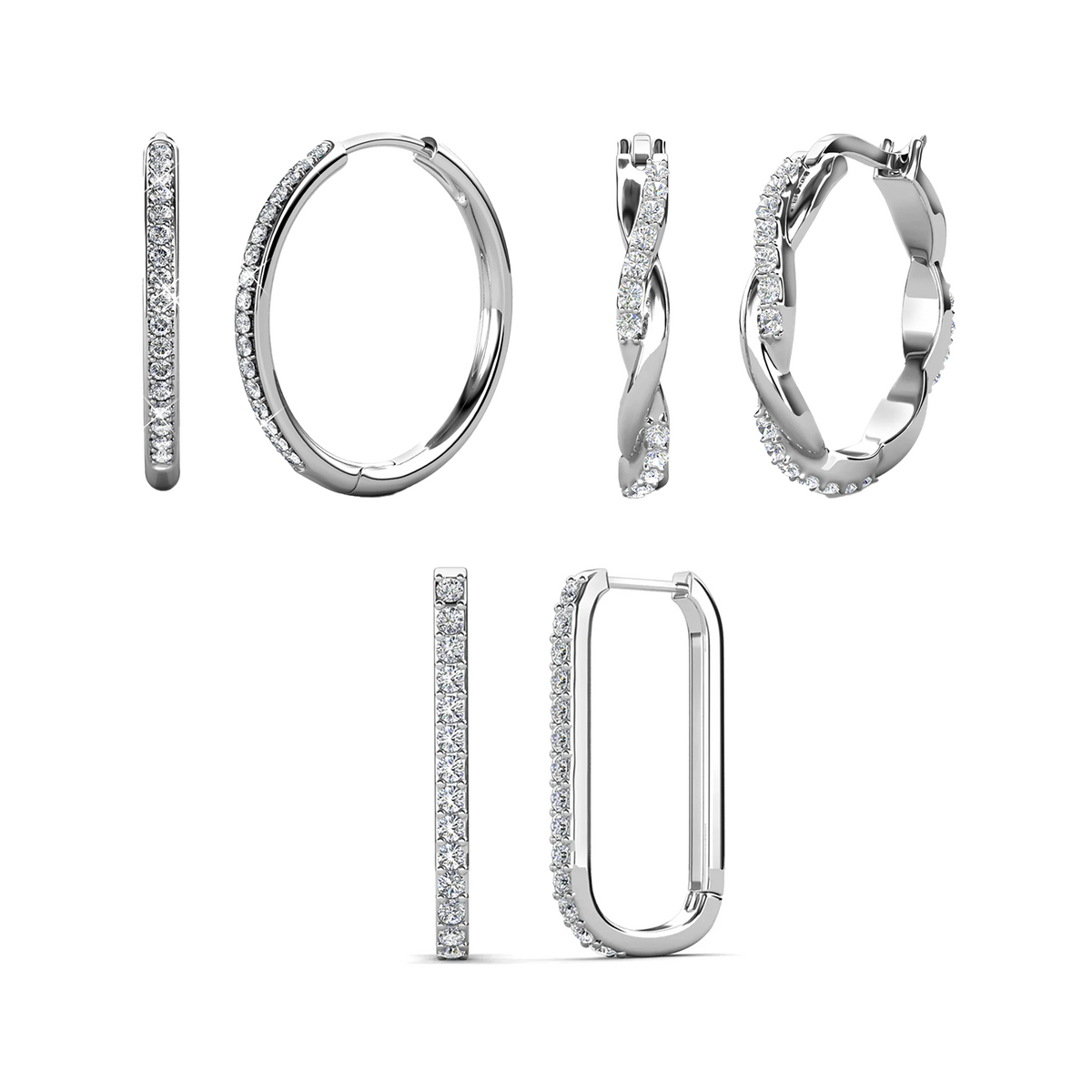 Bianca, Nadia, Lauren 18k White Gold Plated Hoop Earrings with Swarovski Crystals (3 Pair Set)