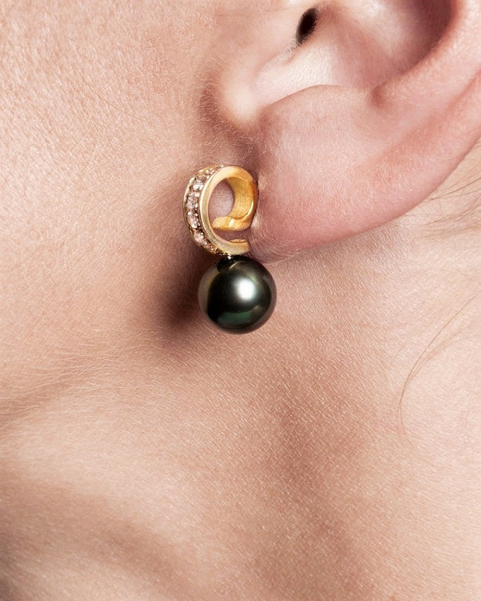 Cirrus Tahitian Pearl Post Earrings With Front Diamonds
