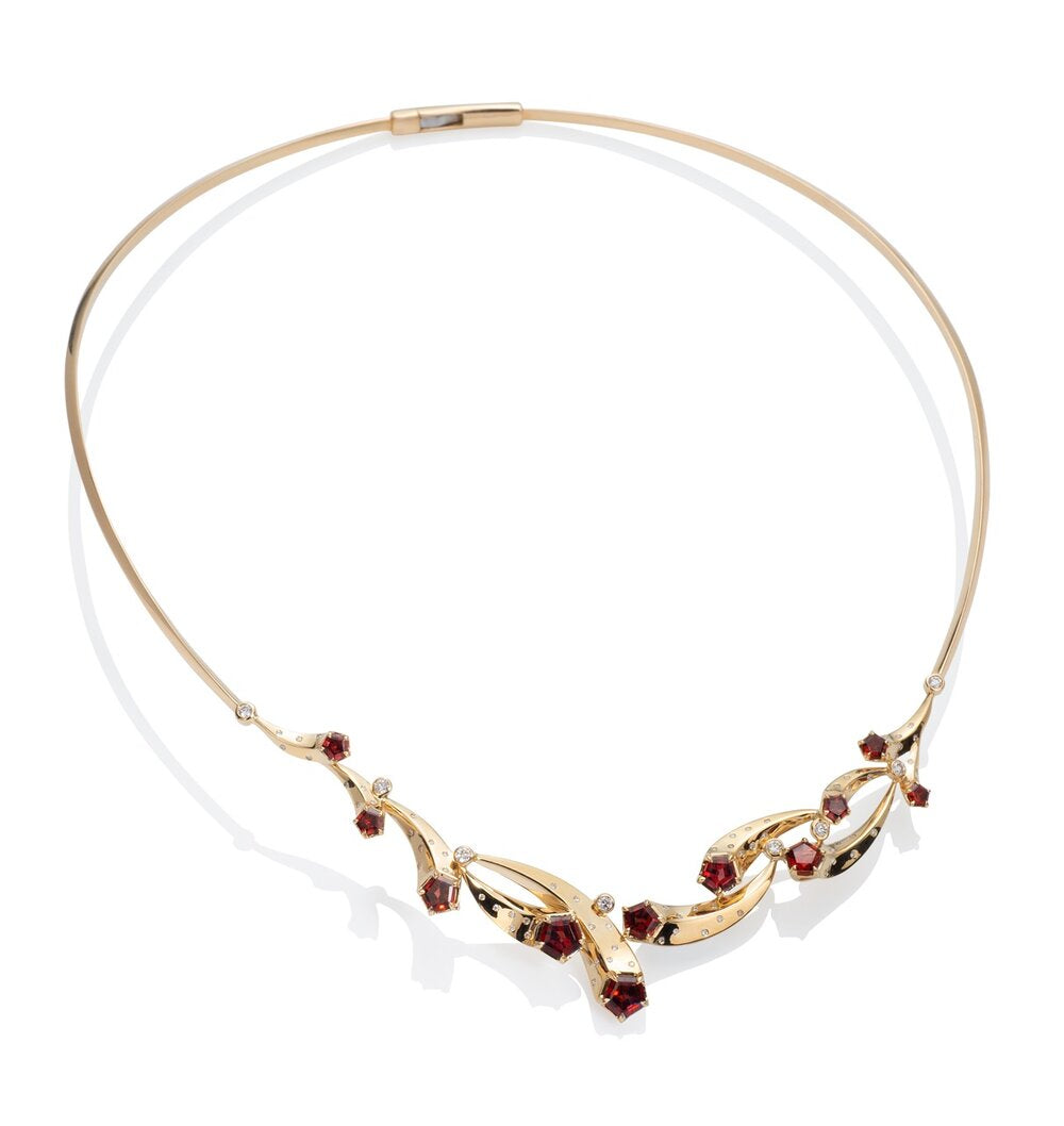 Comet Necklace In Gold, Madeira Garnets And Diamonds
