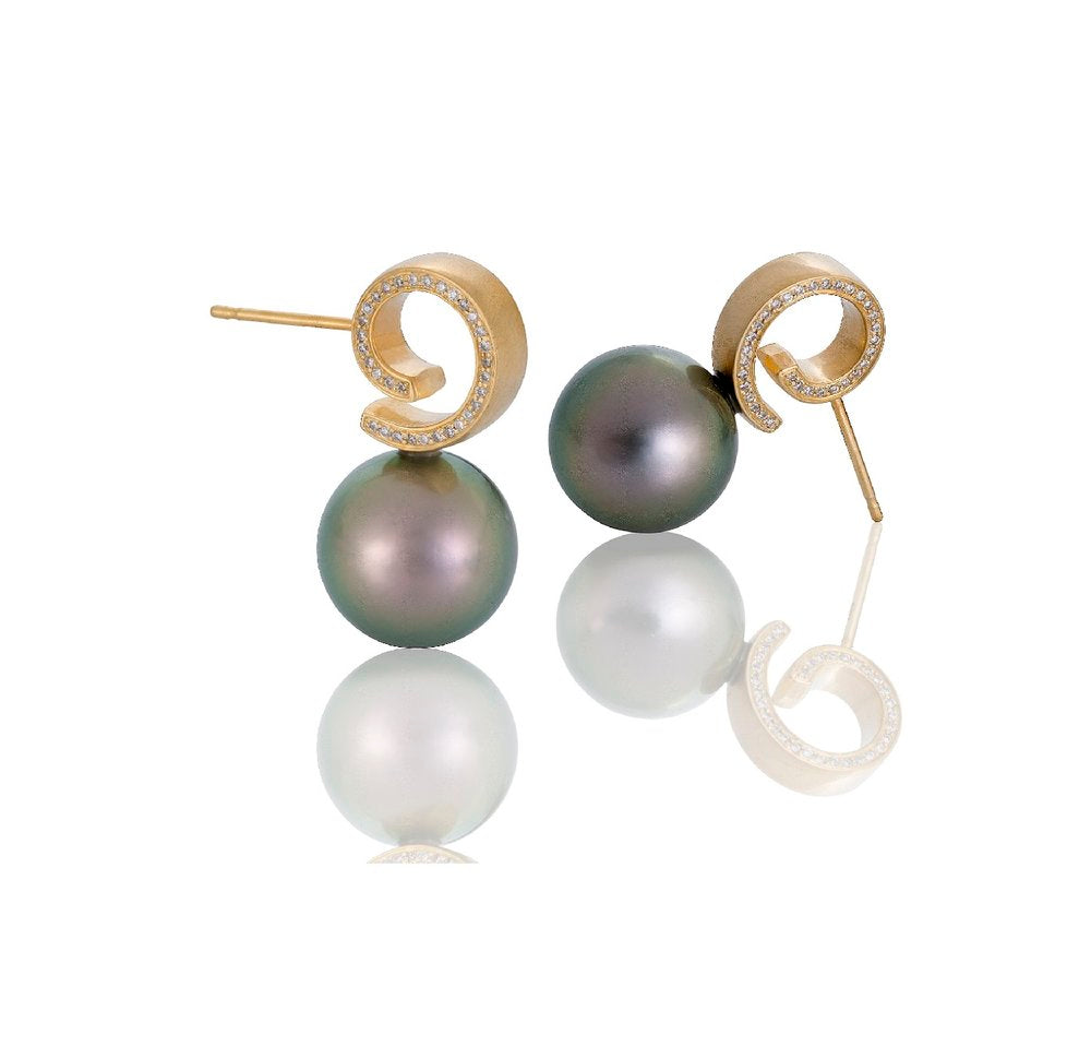 Cirrus Tahitian Pearl Post Earrings With Side Diamonds