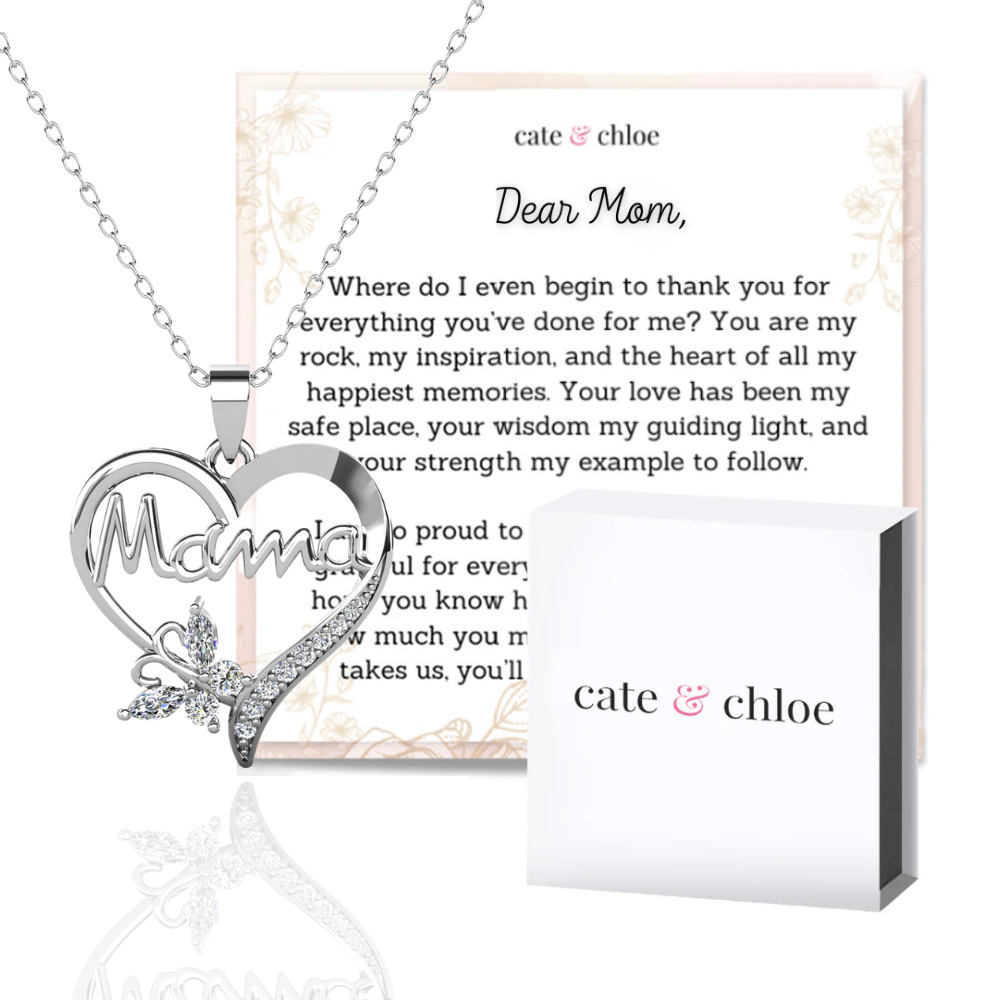 Mavis 18k White Gold Plated Mama Necklace with Simulated Diamond Crystals & Heartfelt Message for Mom