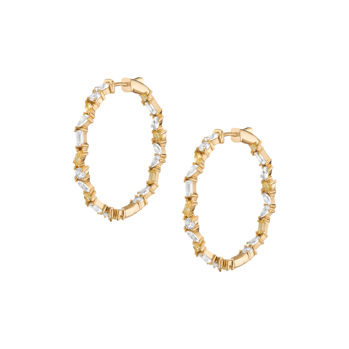Lab Grown White Sapphire and Canary Mixed Shape Hoop Earrings