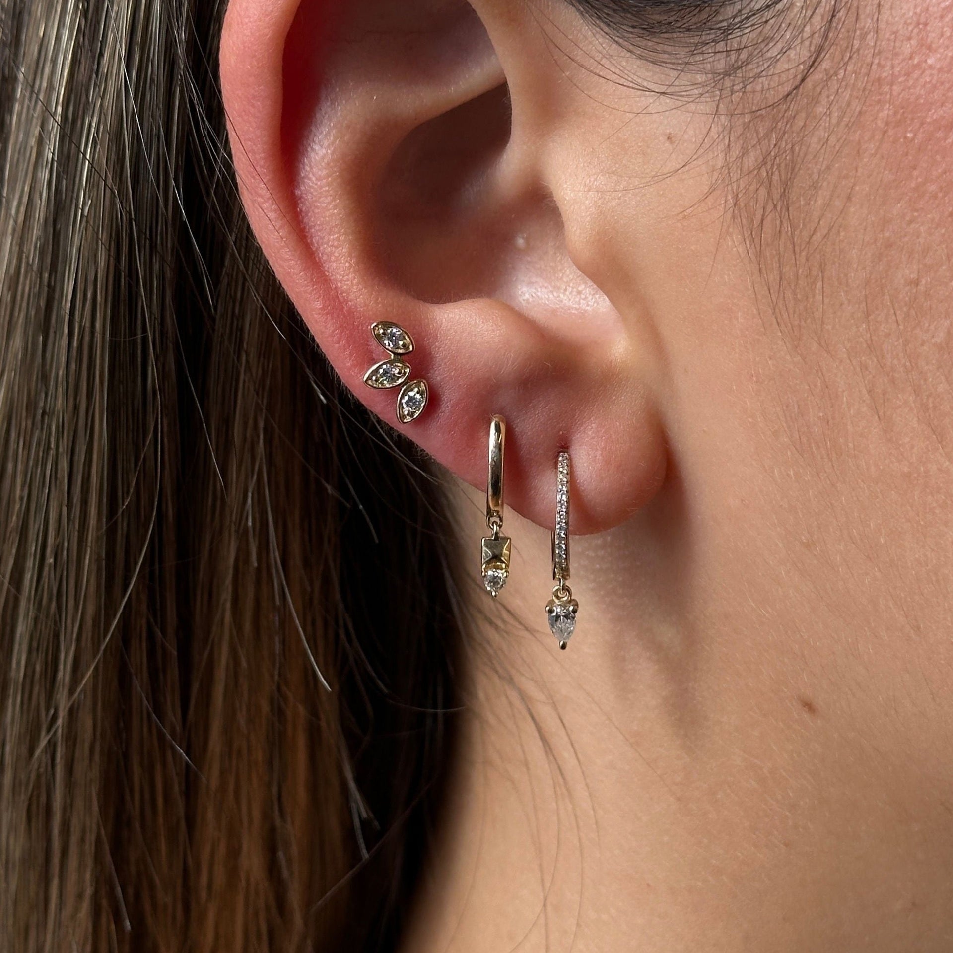 Gold Pyramid Diamond Drop Hoop Earring