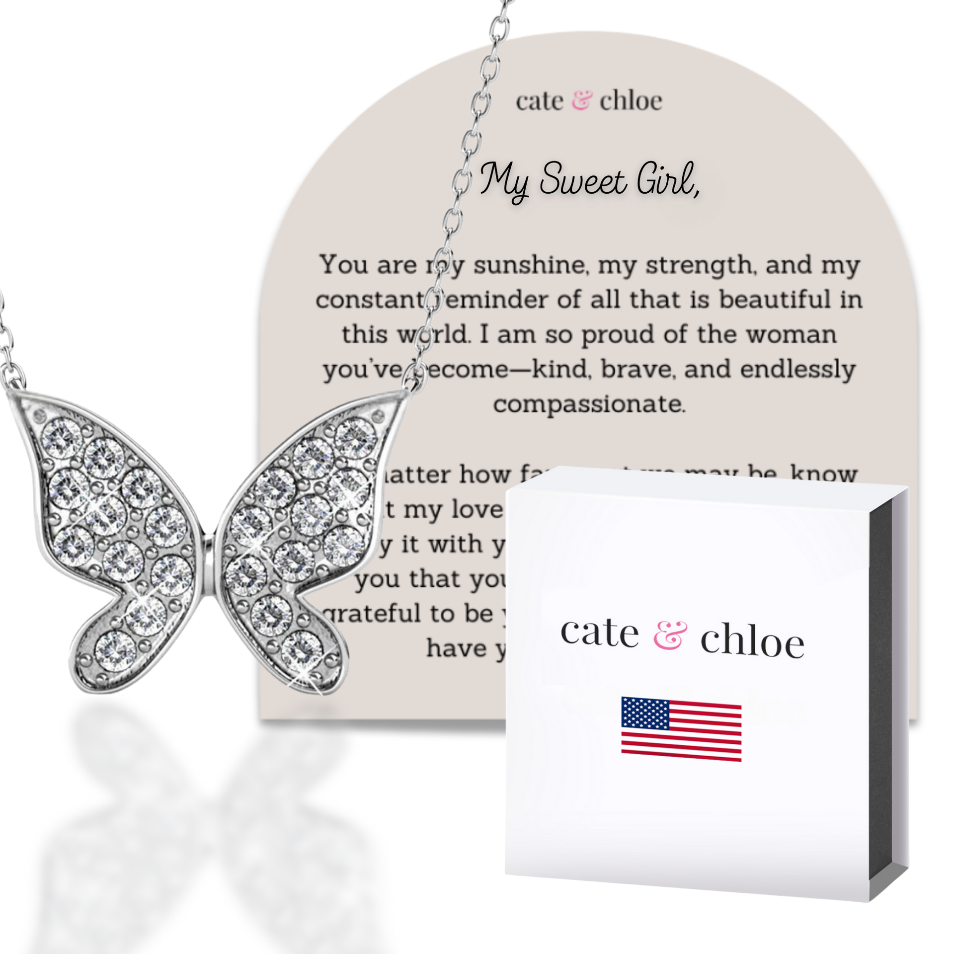 Yuenen 18k White Gold Plated Butterfly Necklace with Swarovski Crystals & Sentimental Message for Daughter