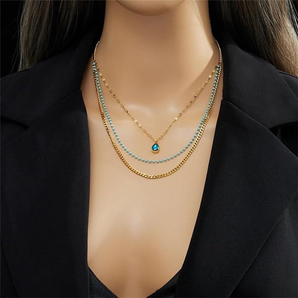 18K Gold Multi Layer Blue Necklace