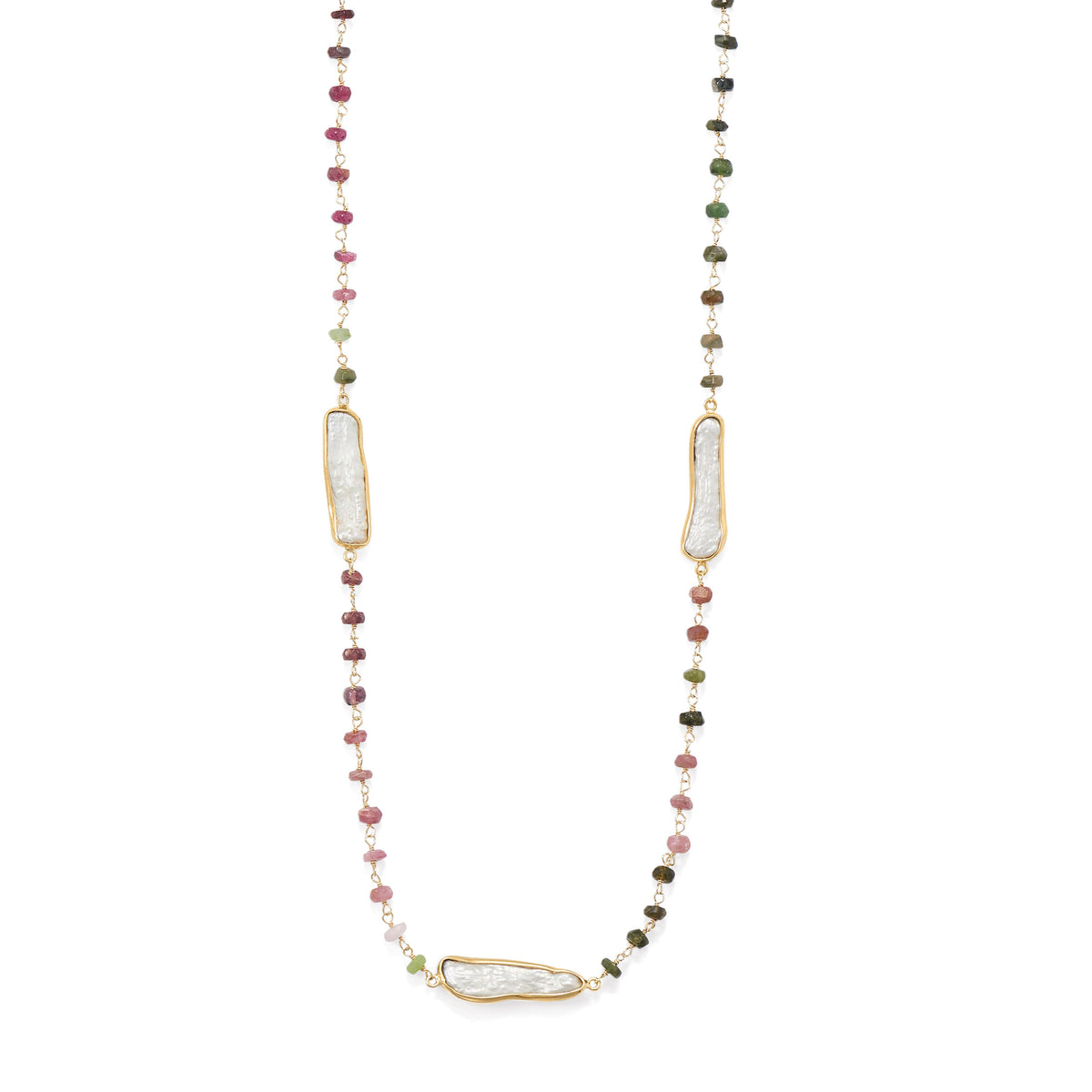 18K Gold Multi Tourmaline & Pearl Necklace