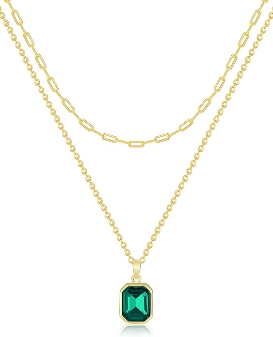18K Gold Multi Layer Emerald cut Green Necklace