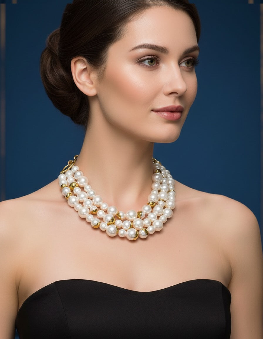 18k Gold Multi Layer Pearl Necklace