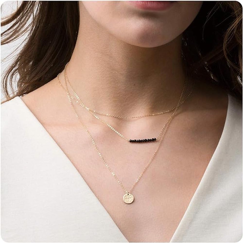 18K Gold Multi Layer Black Gemstone Necklace