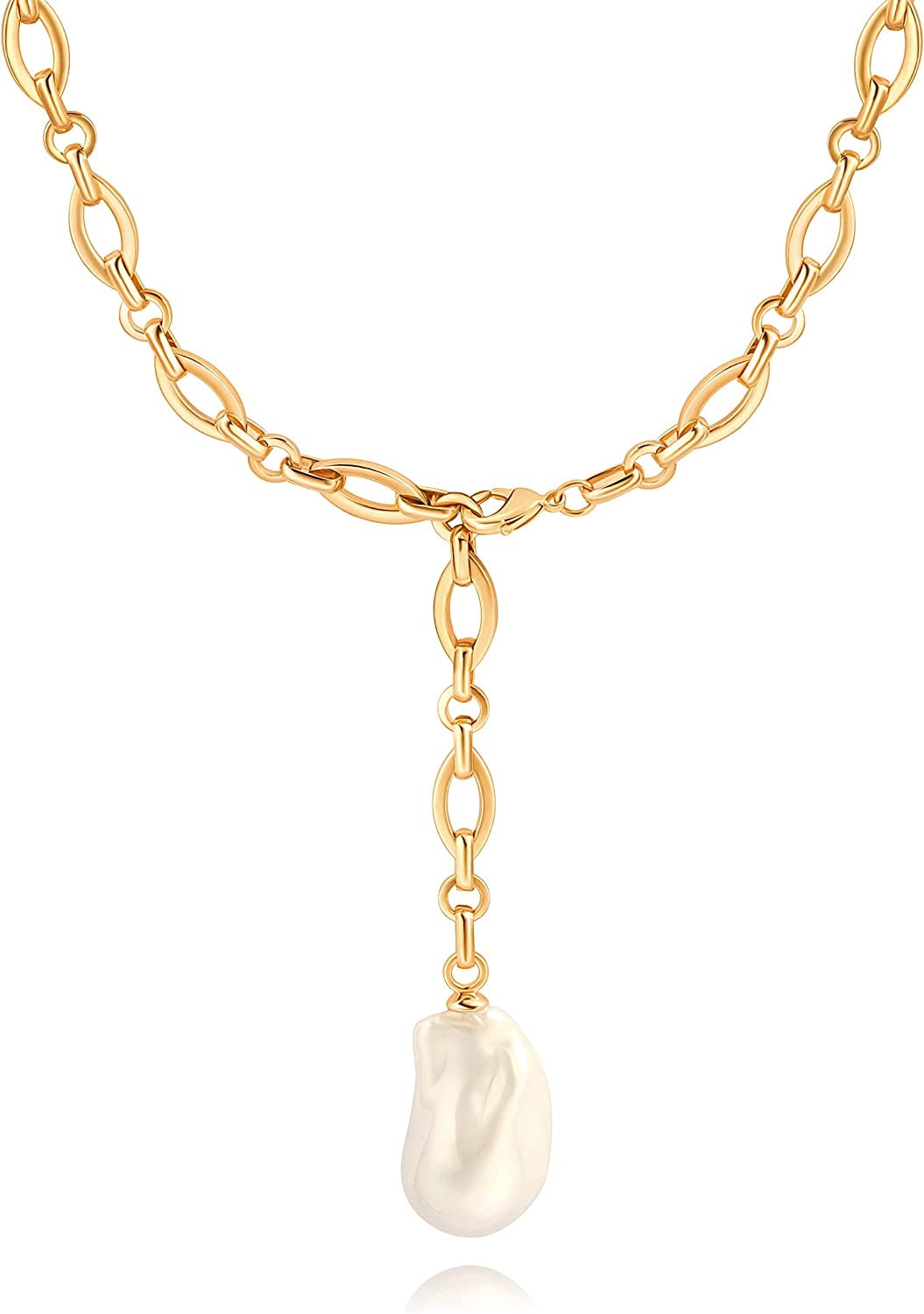 18K Gold Fancy Link Baroque Pearl Drop Necklace