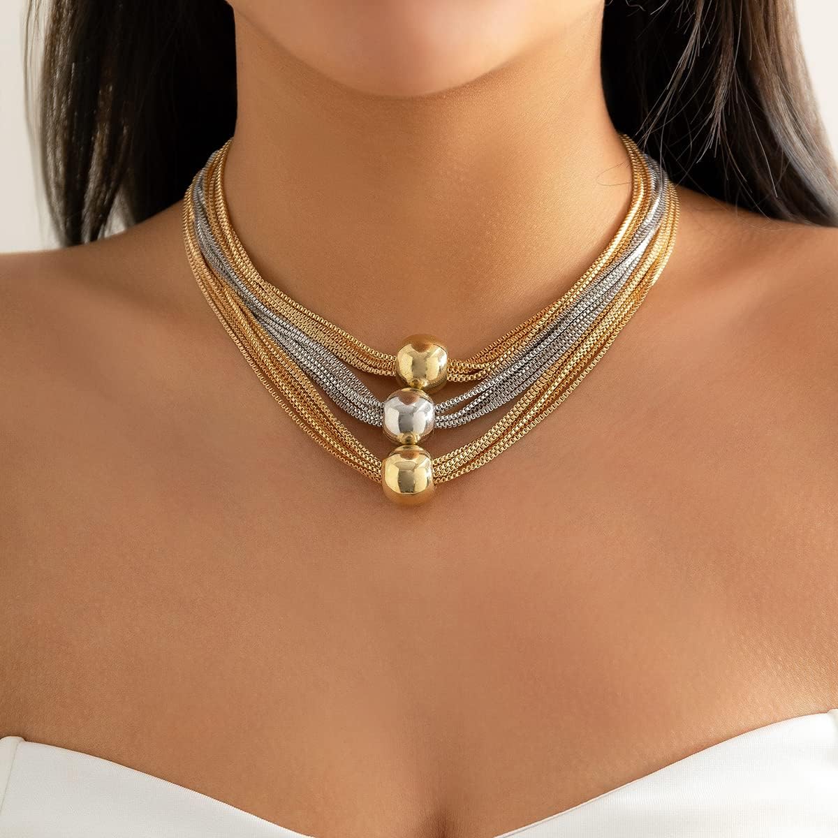 18K Tri Color Gold Multi Link Layer Statement Necklace