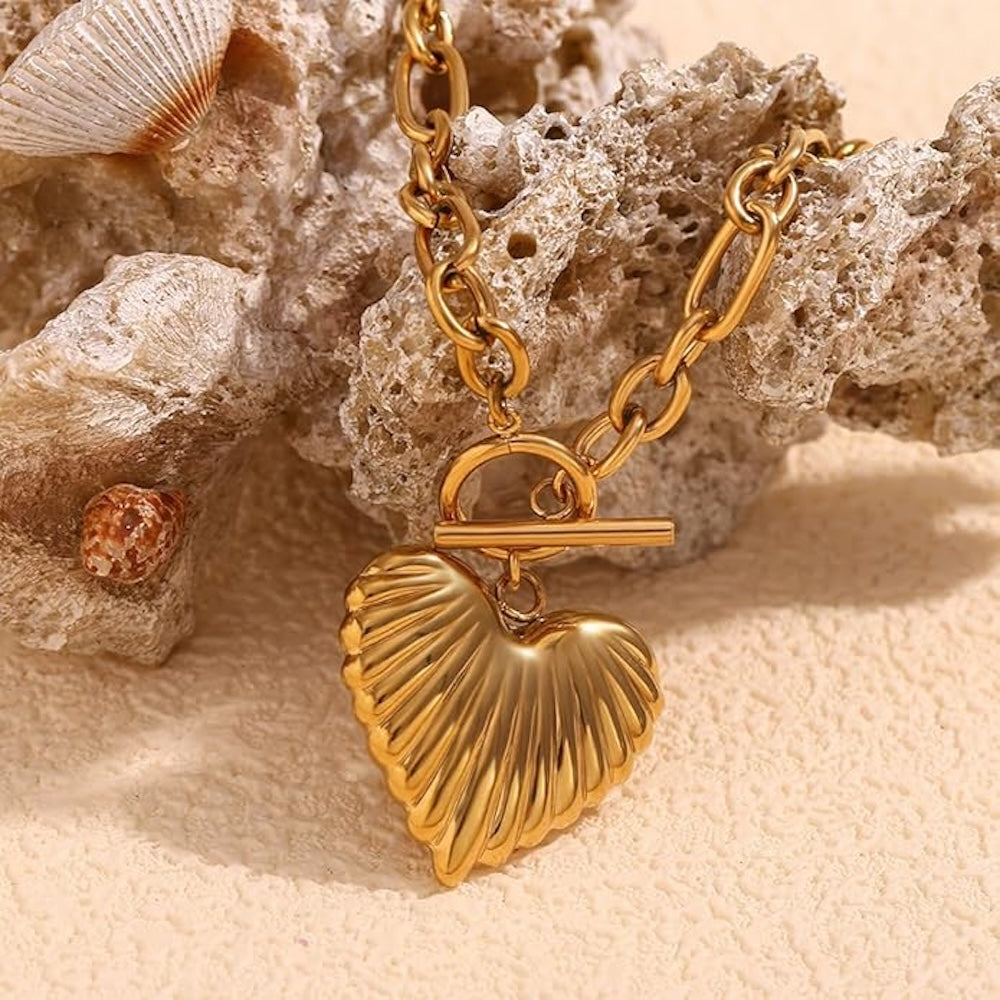18K Gold Heart Drop Fancy Link Necklace