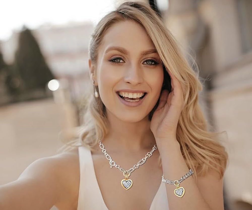 18k Gold Two Tone Textured Link Love Charm Necklace