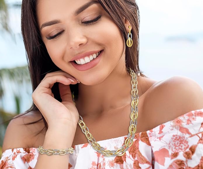 18k Gold Two Tone Textured Link Necklace