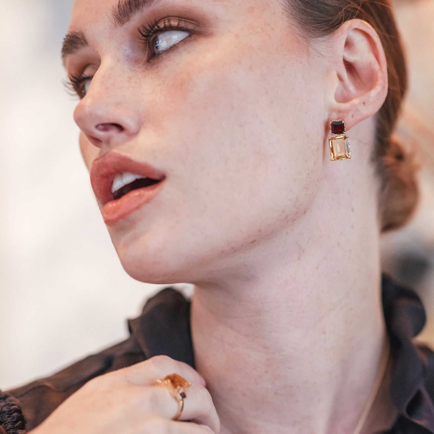 Octagon Gold Drop Earrings in Garnet & Citrine