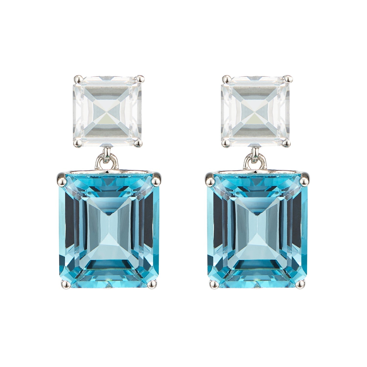 Octagon White Gold Drop Earrings in White Topaz & Blue Topaz