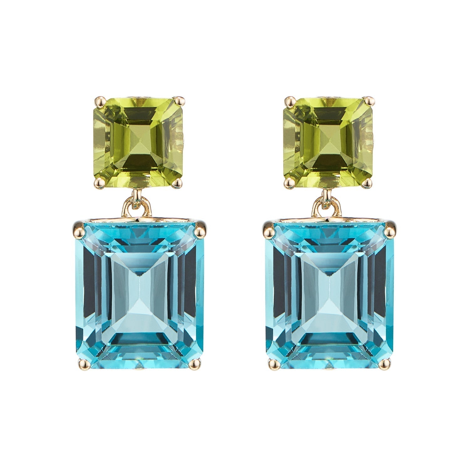 Octagon Gold Drop Earrings in Peridot & Blue Topaz