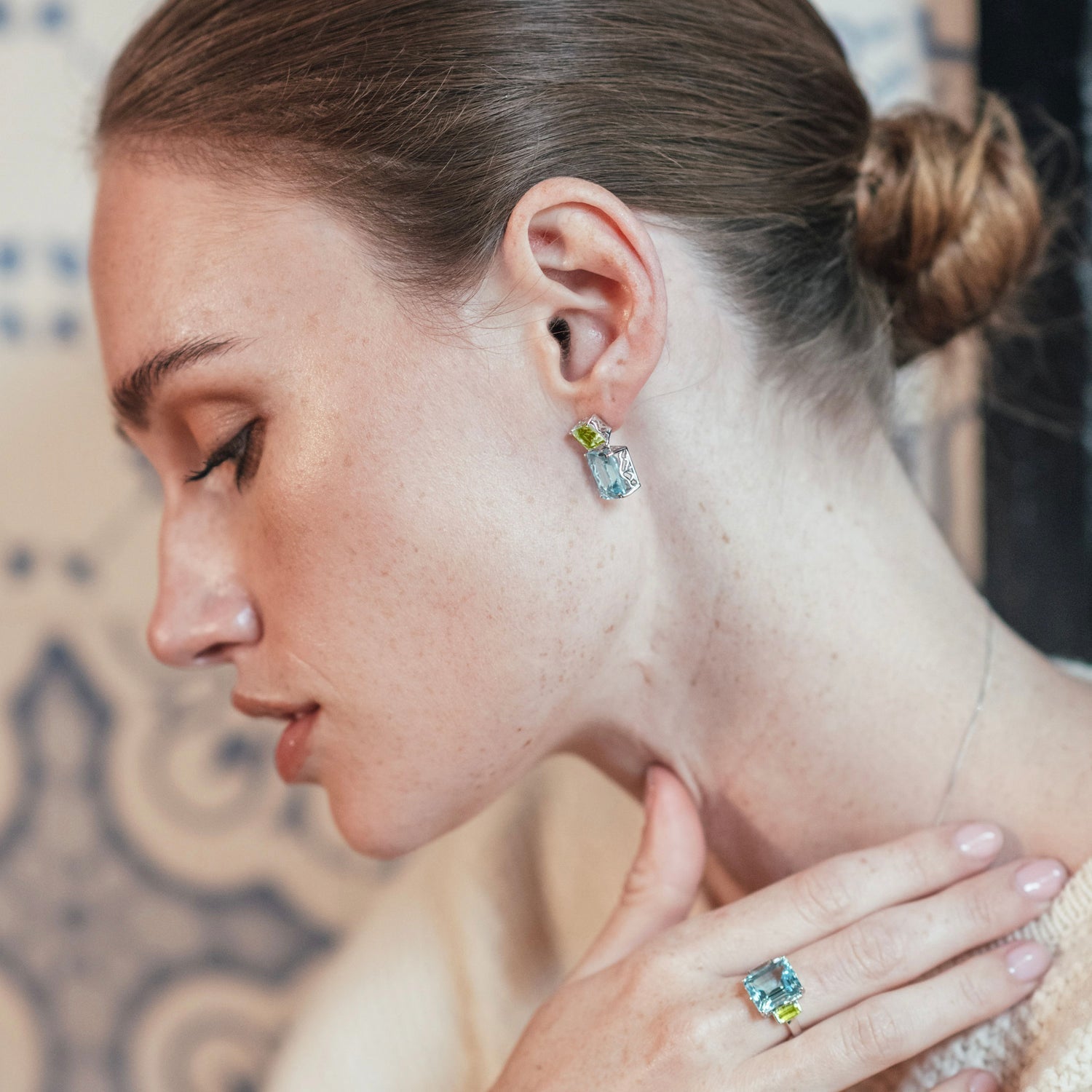 Octagon Gold Drop Earrings in Peridot & Blue Topaz