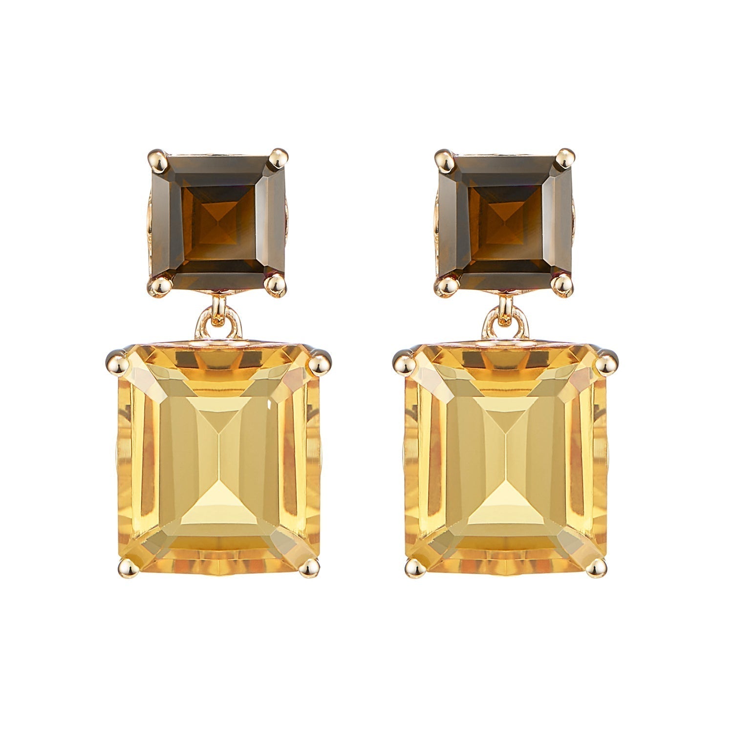 Octagon Gold Drop Earrings in Smoky Quartz & Citrine