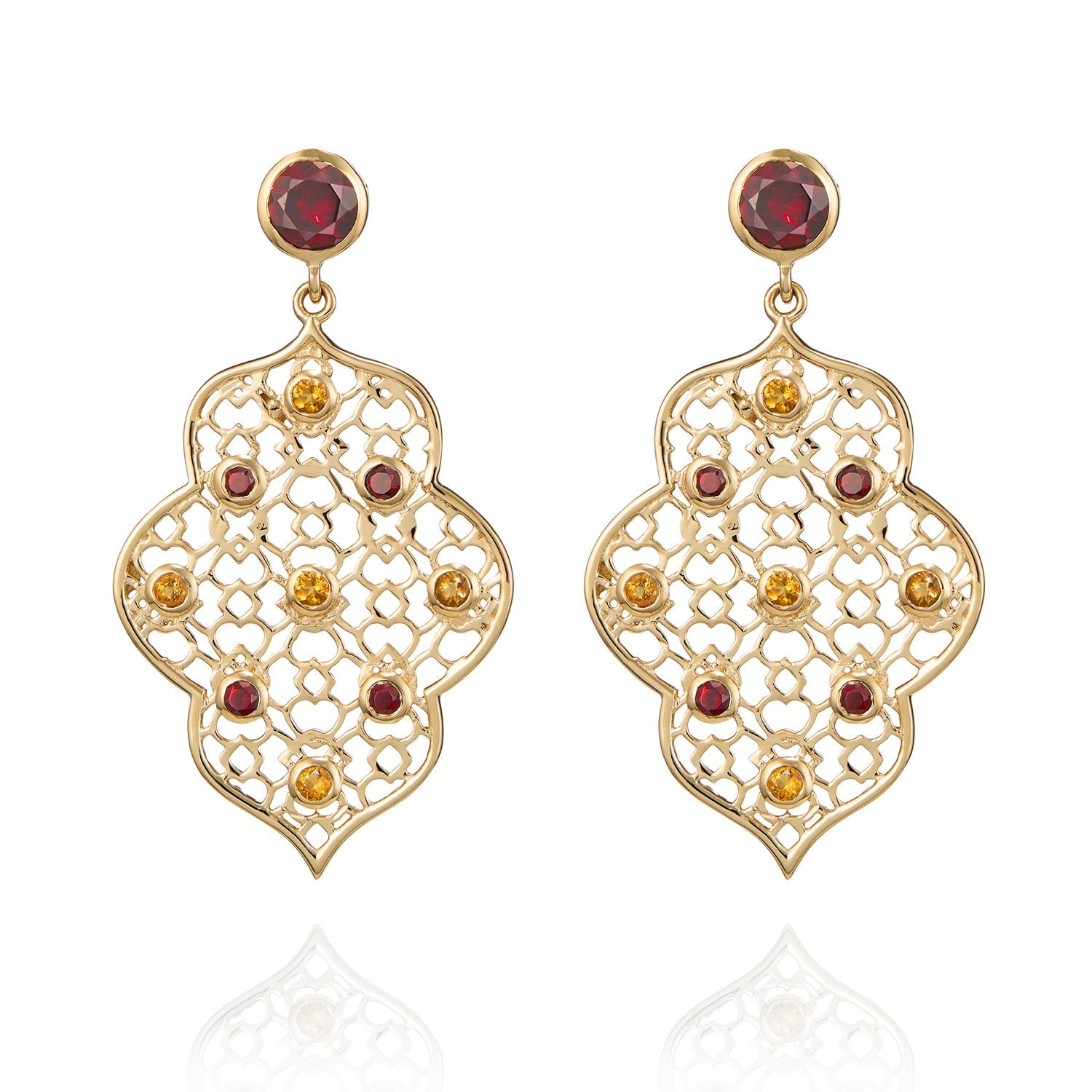 Gold Filigree Earrings in Garnet & Citrine