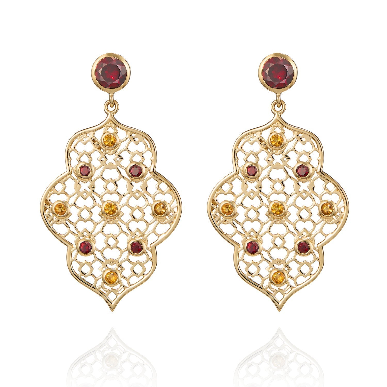 Gold Filigree Earrings in Garnet & Citrine