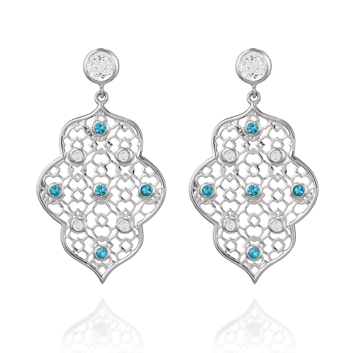 Sterling Silver Filigree Earrings in White Topaz & Blue Topaz