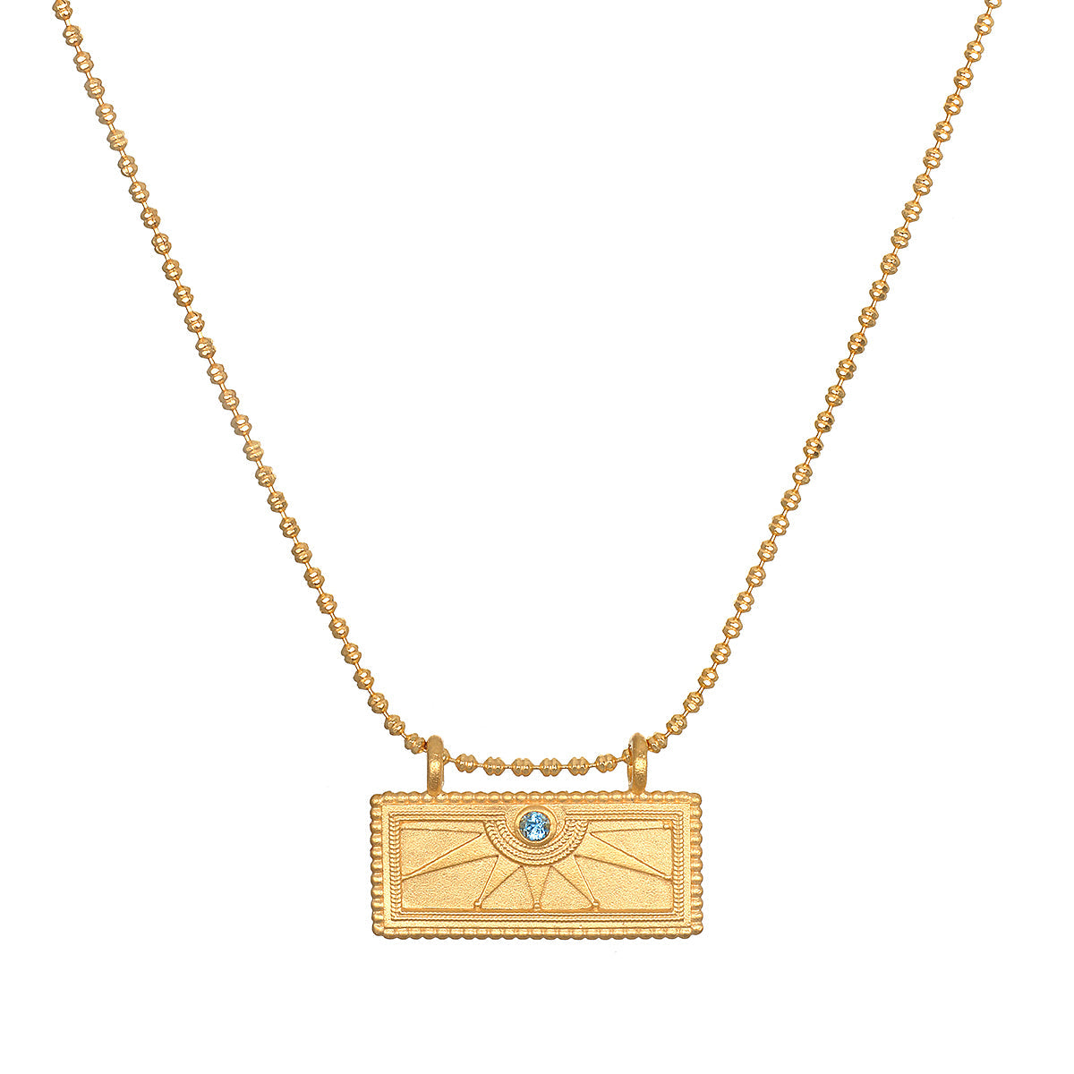 December Blue Topaz Sunburst Birthstone Tablet Necklace