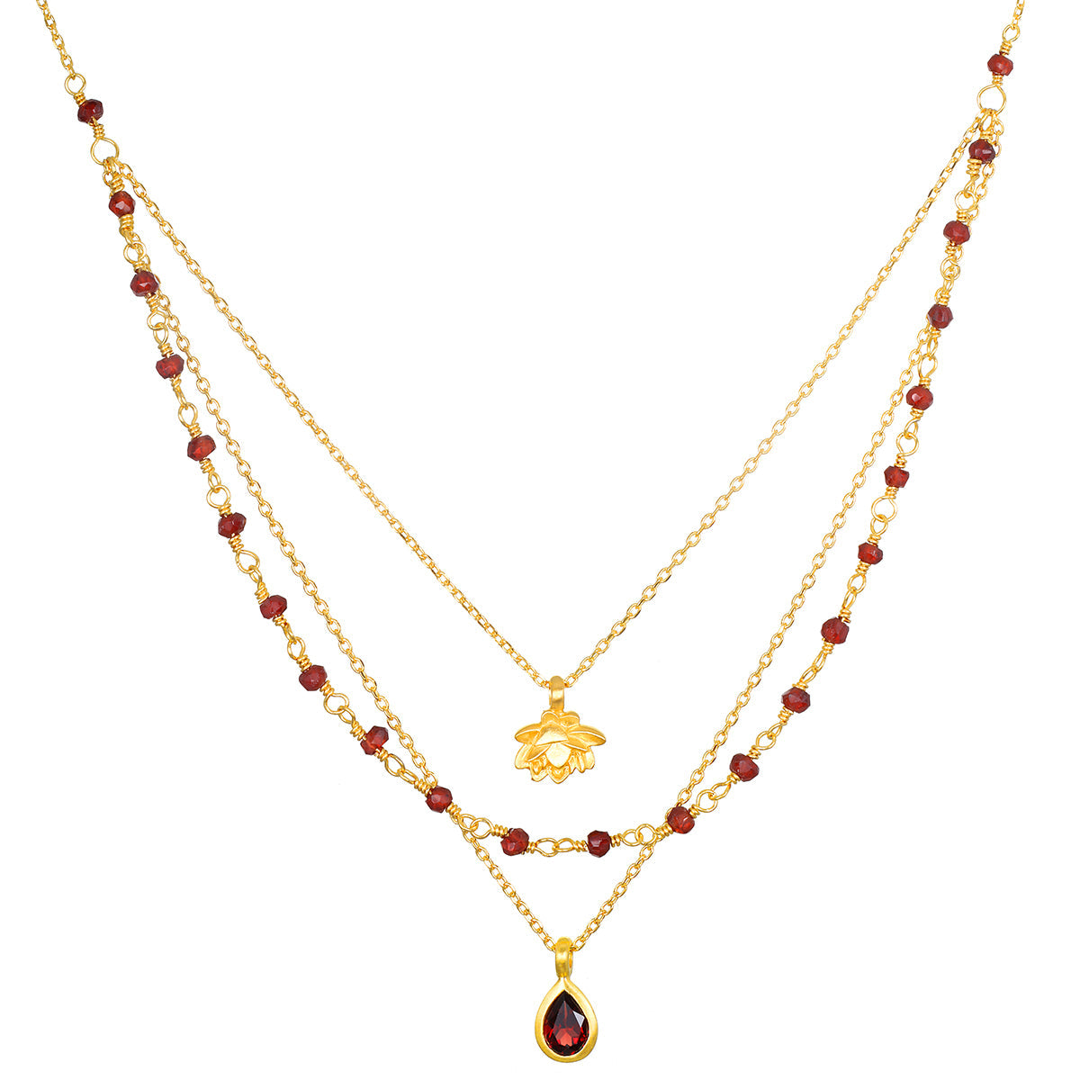 Embrace Change Garnet Lotus Triple Necklace