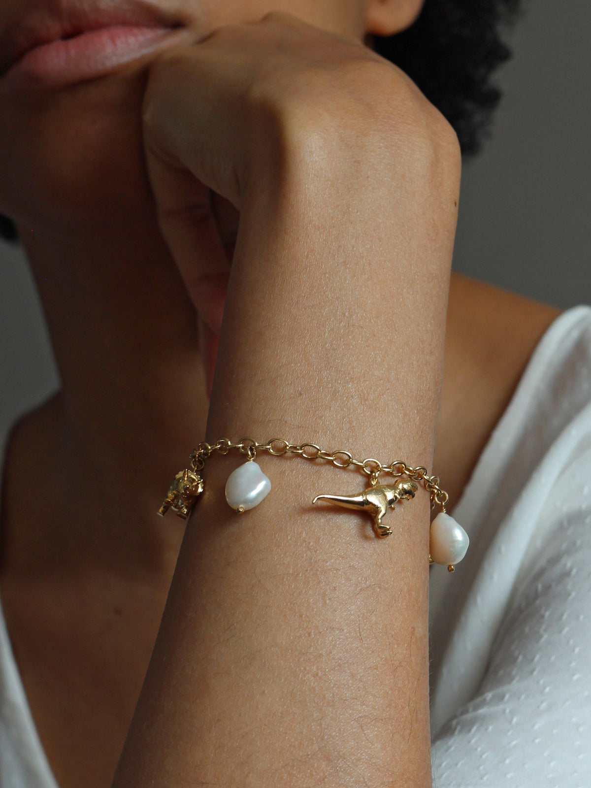 Dinosaur and Baroque Pearl Charm Bracelet