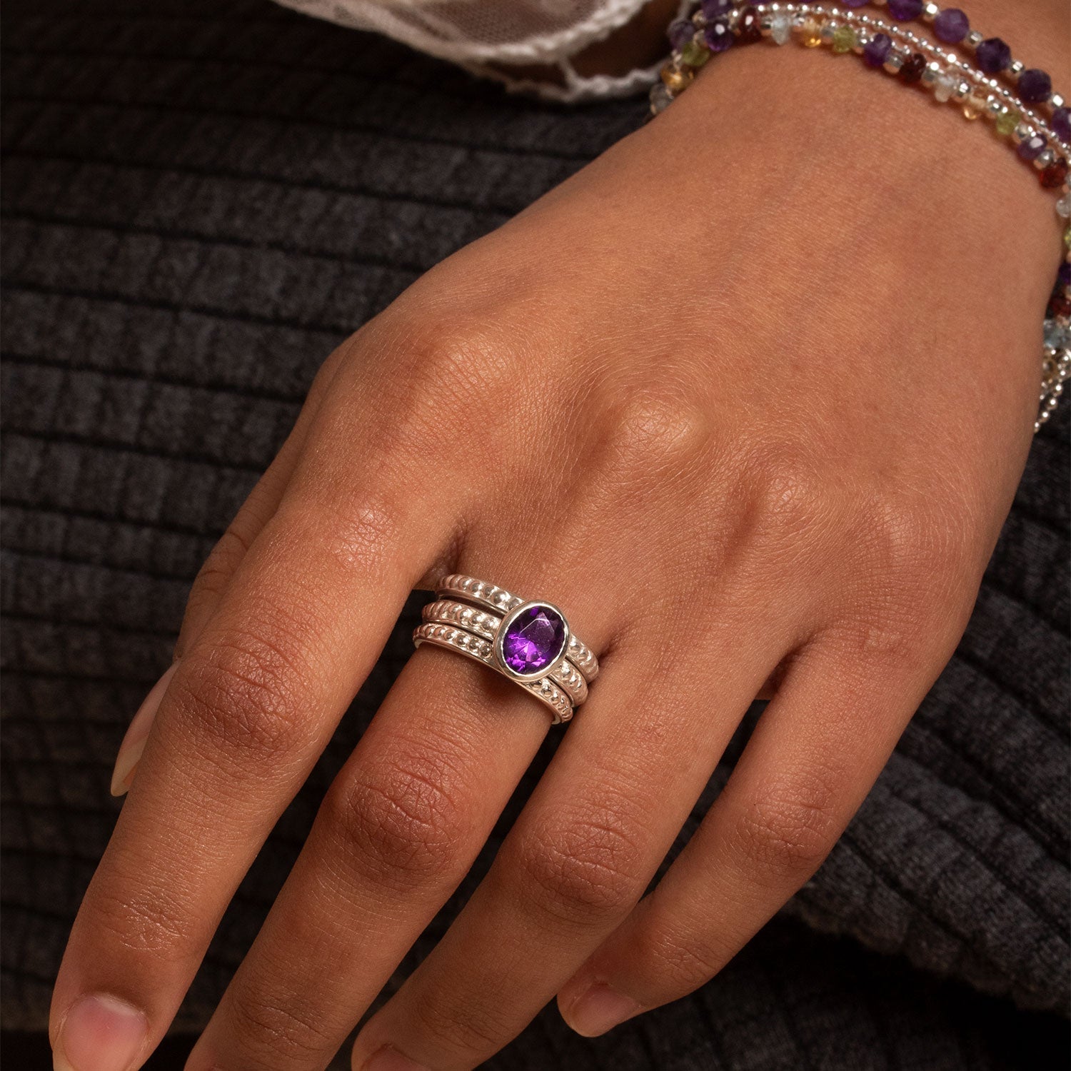 Amethyst Oval Granular Dotty Twinkle Ring
