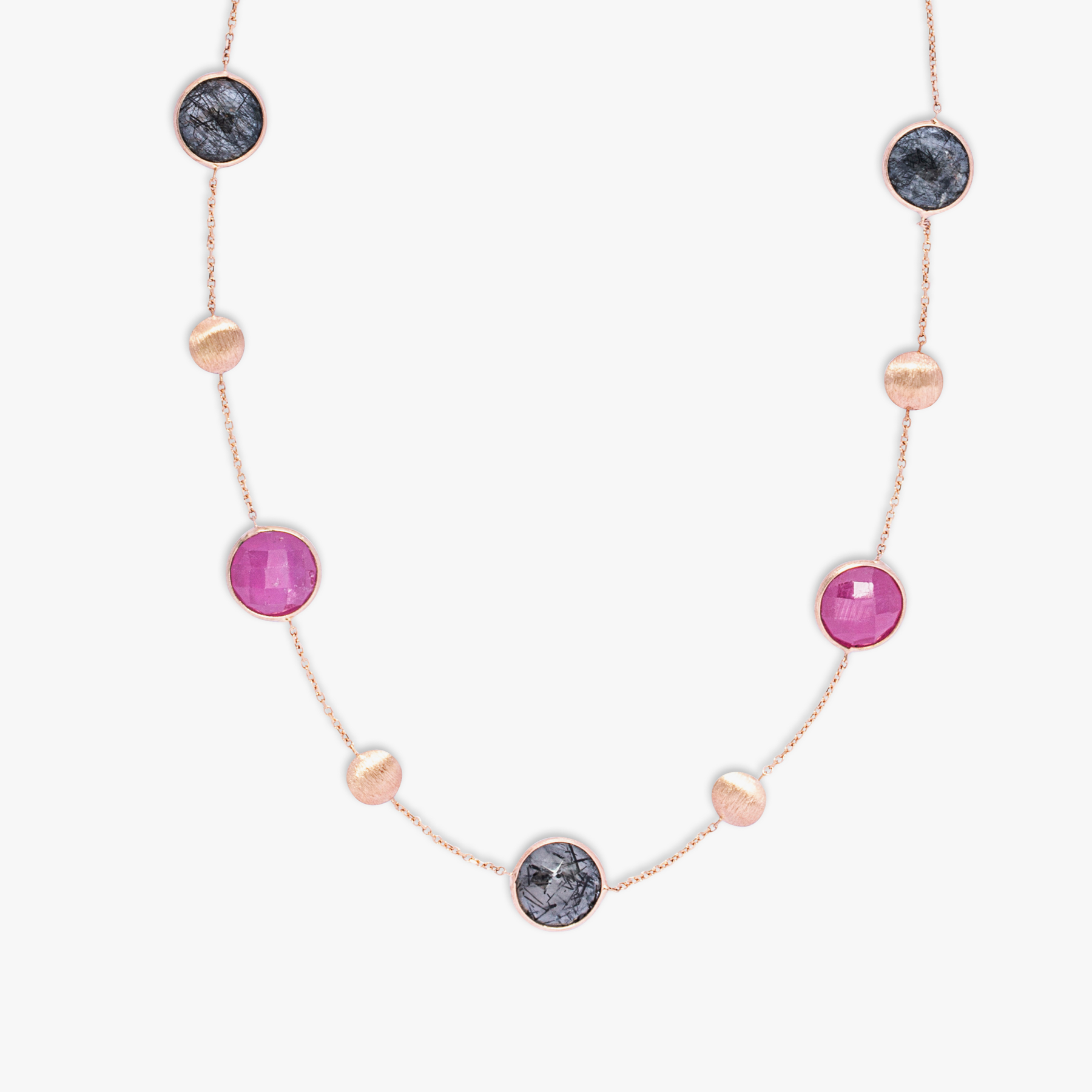 Kensington Necklace in 14K Satin Rose Gold with Black Rutilated Quartz and Ruby Root
