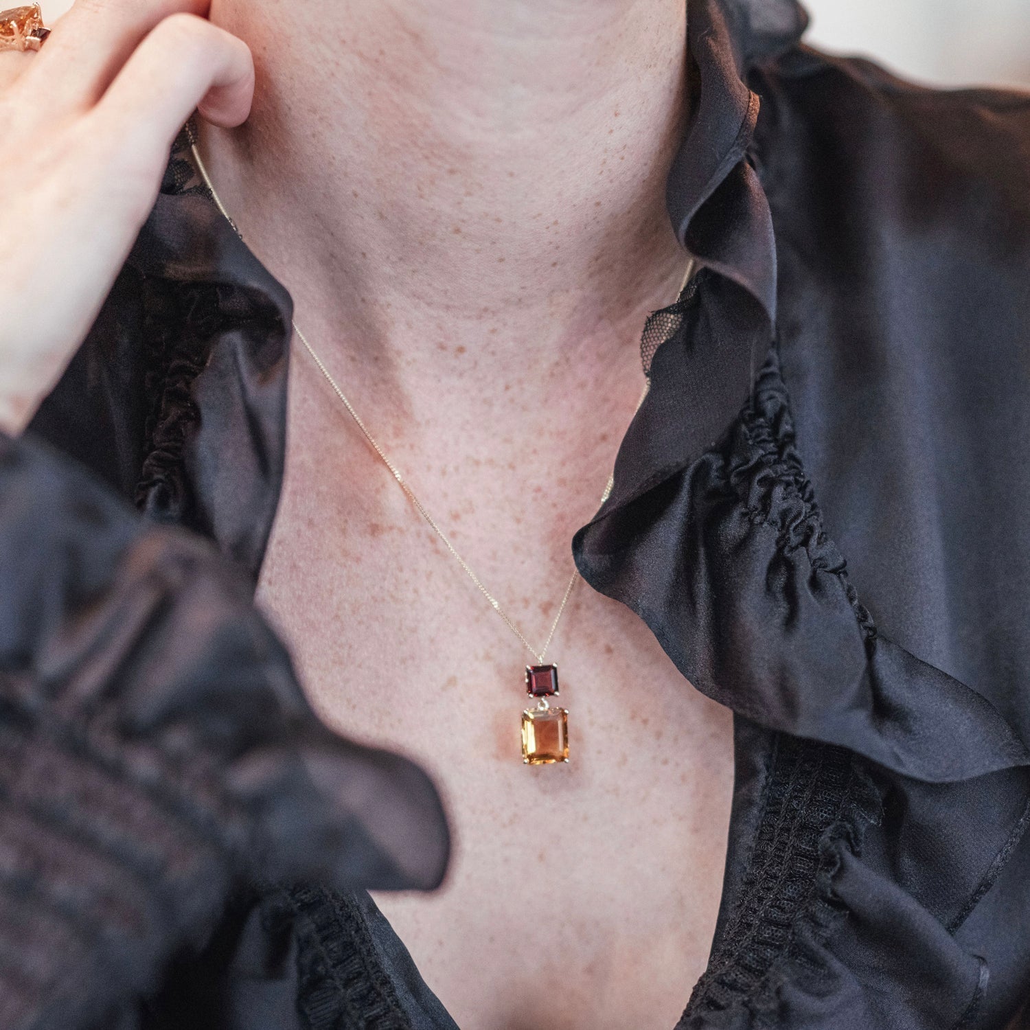 Octagon Gold Necklace in Garnet & Citrine