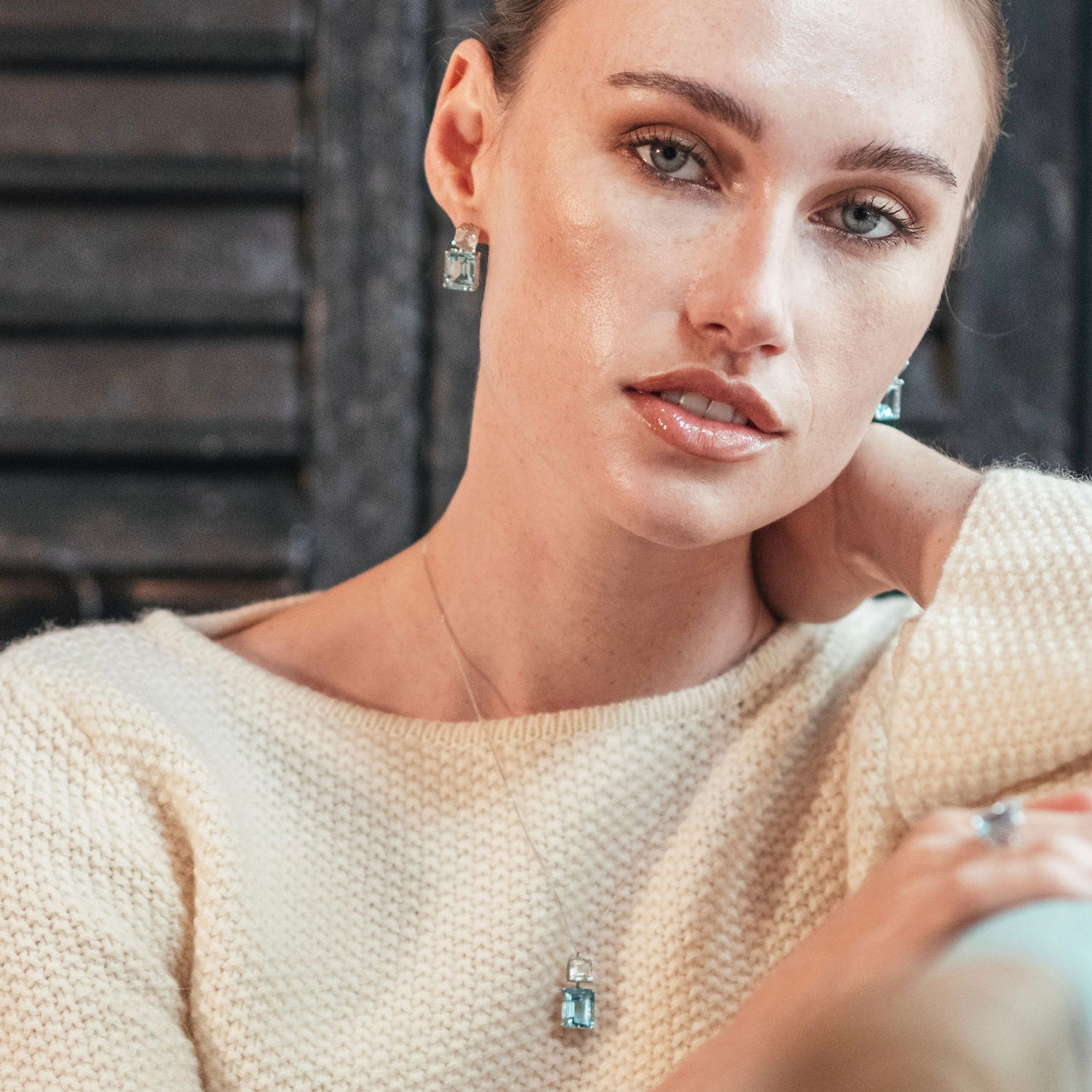 Octagon White Gold Necklace in White Topaz & Blue Topaz