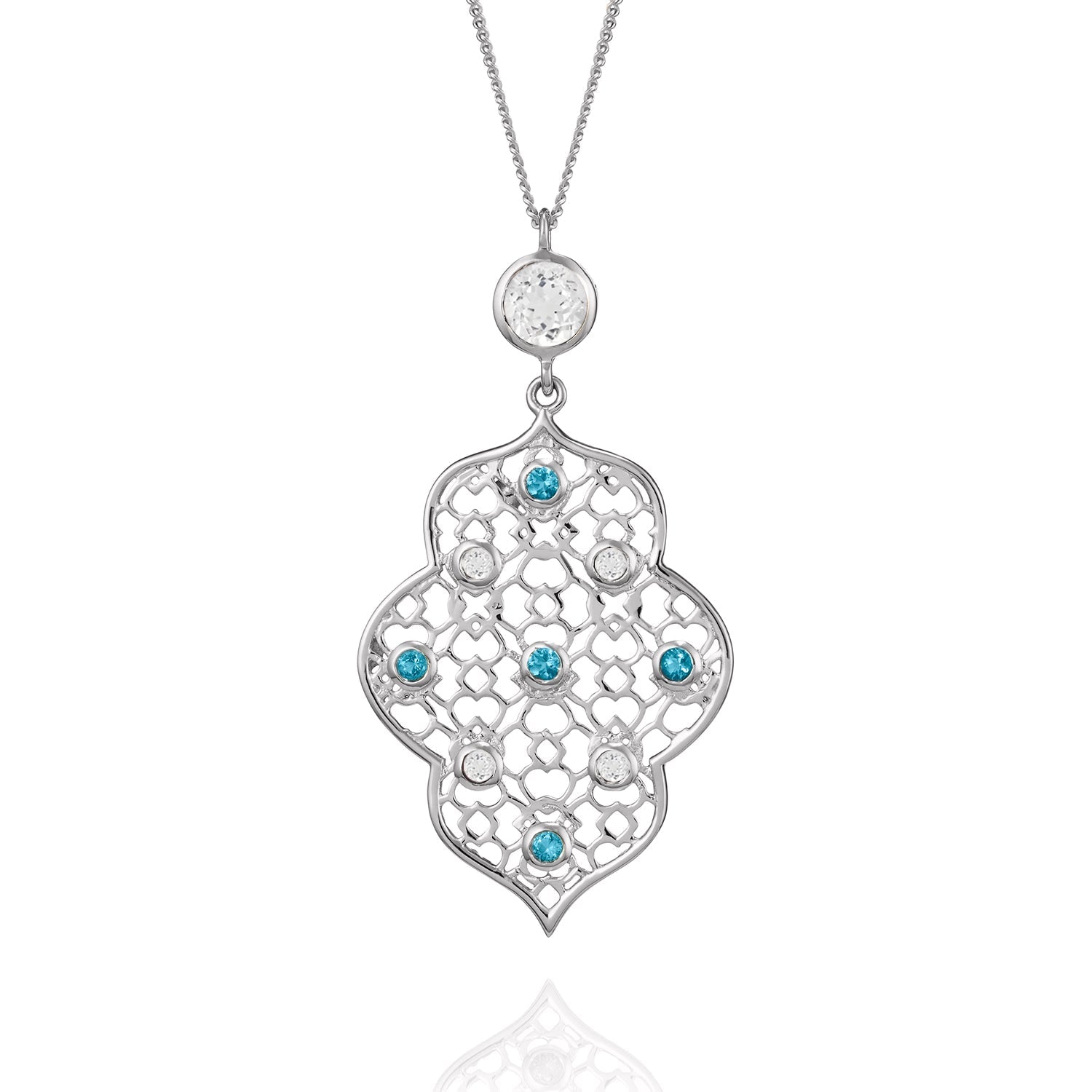 Sterling Silver Filigree Necklace in White Topaz & Blue Topaz