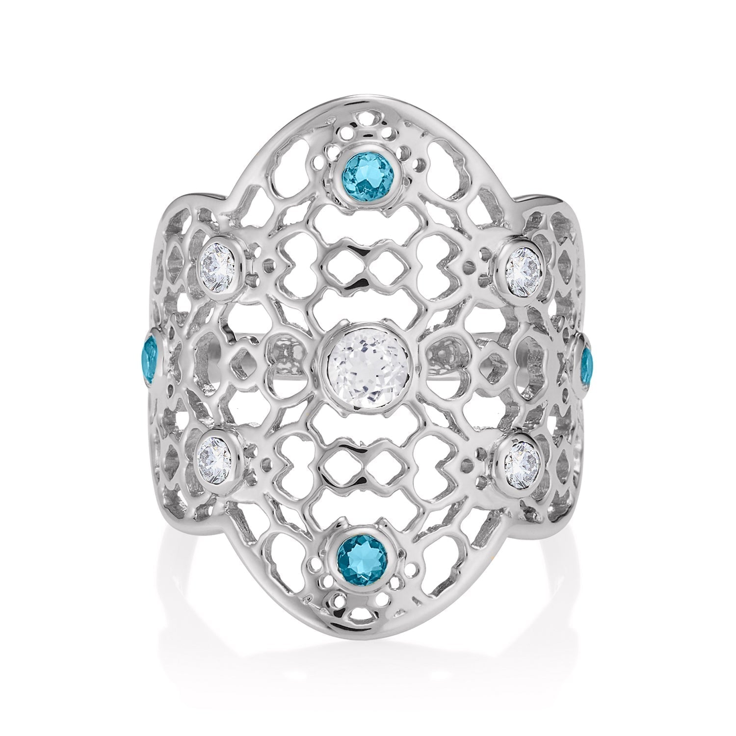 Silver Filigree Ring in White Topaz & Blue Topaz