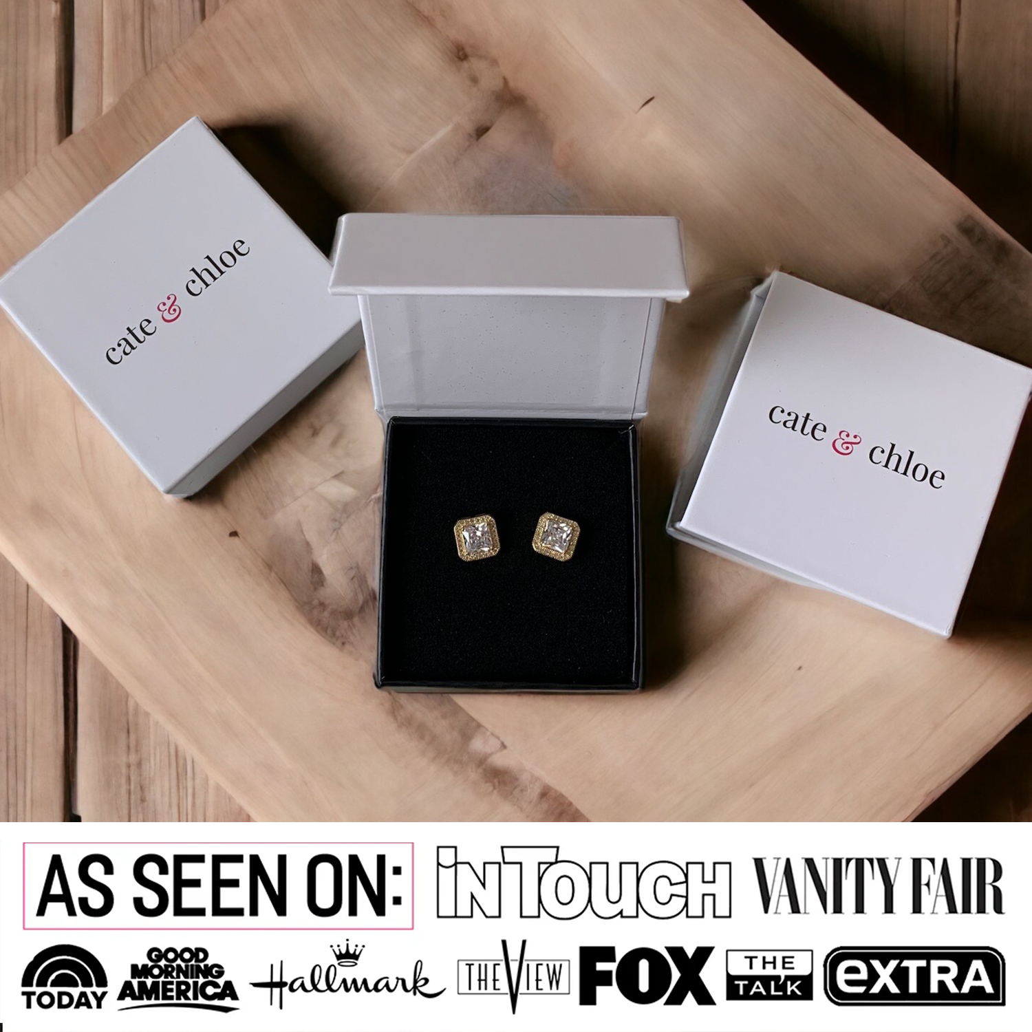 Norah 18k White Gold Plated Princess Cut Halo Stud Earrings with Simulated Diamond Crystals