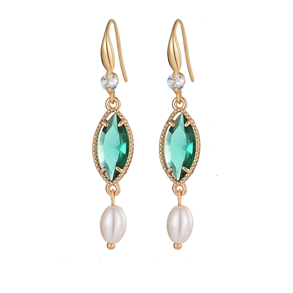 Emerald Marquise Crystal & Pearl Goldtone Hook Earrings