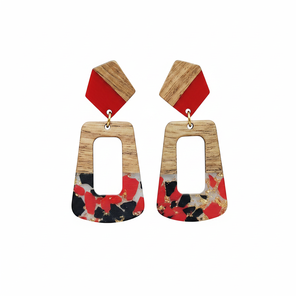 Red & Blue Resin Wood Goldtone Open Rectangular Hook Earrings