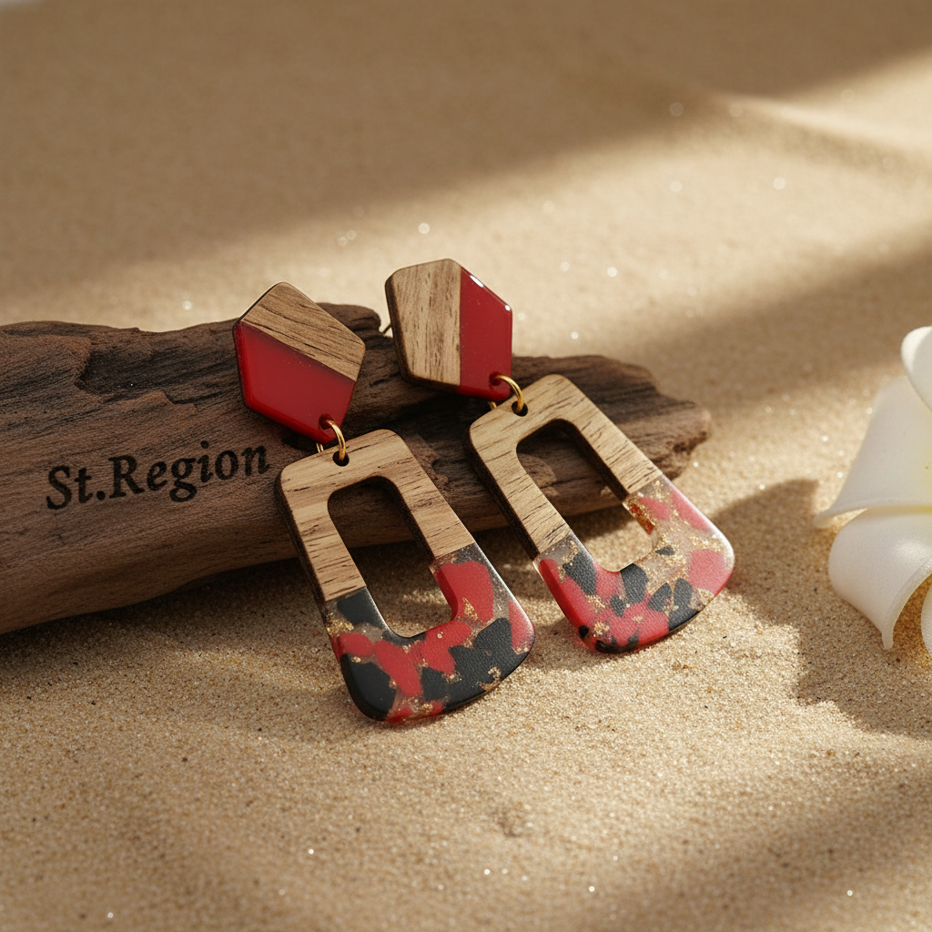 Red & Blue Resin Wood Goldtone Open Rectangular Hook Earrings
