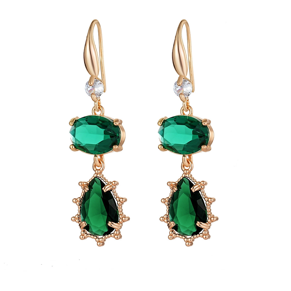 Emerald Crystal & Cubic Zirconia Goldtone Tiered Oval Pear Hook Earrings