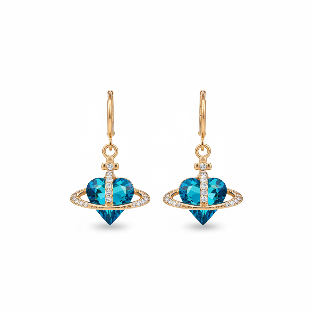 Cobalt Blue Crystal & Cubic Zirconia Goldtone Celestial Heart Huggie Earrings