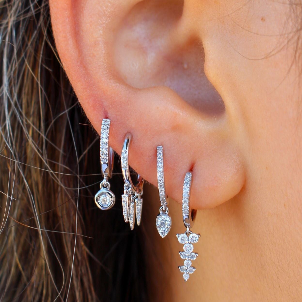 Gold Diamond Bezel Drop Hoop Earring