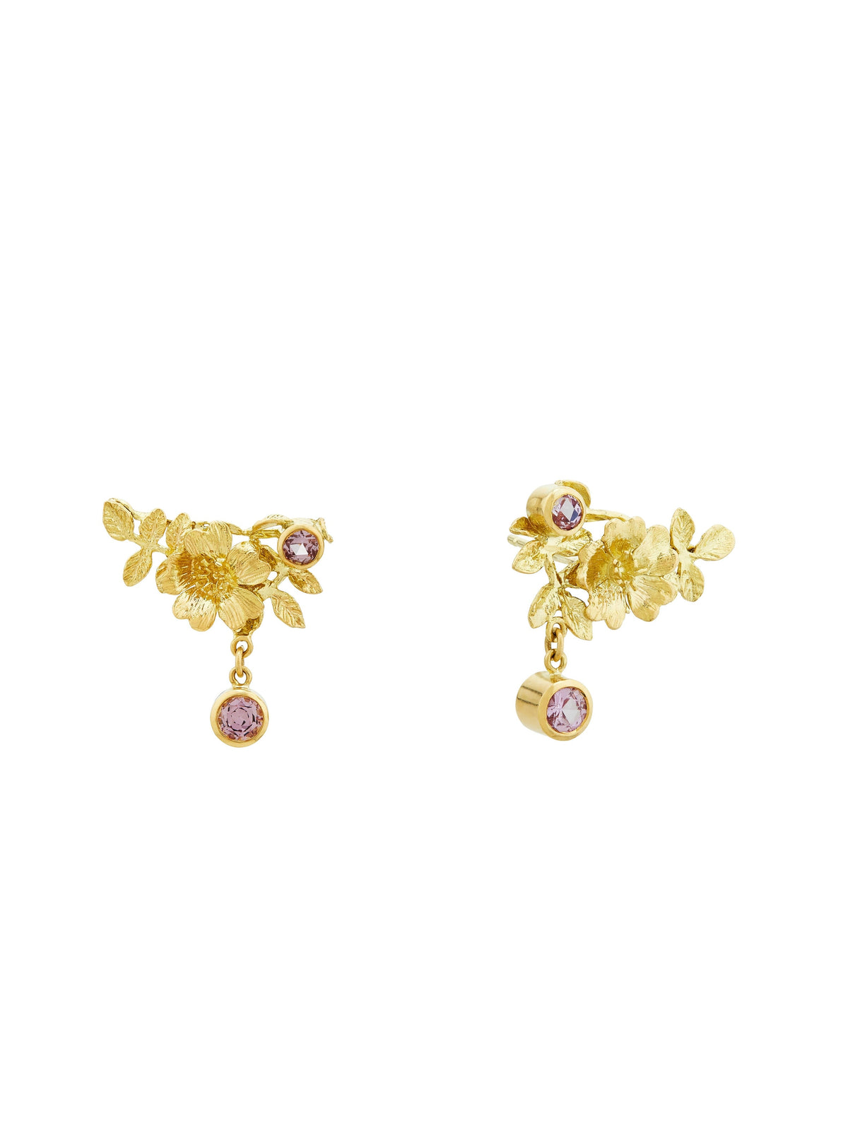 Crawler Drop Earrings with Dog Rose Flowers and Leaves With Bezel Set Rose Sapphires