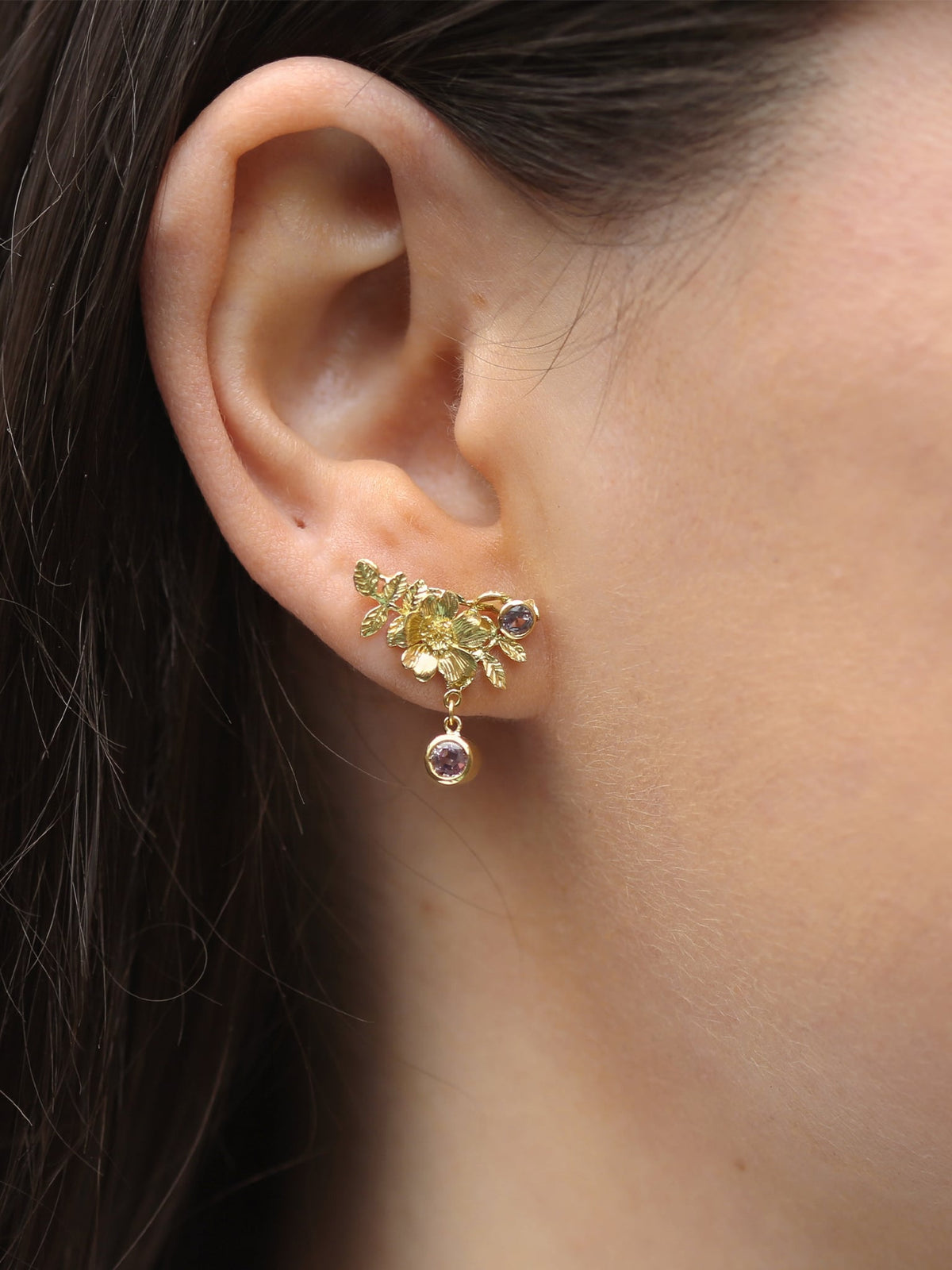 Crawler Drop Earrings with Dog Rose Flowers and Leaves With Bezel Set Rose Sapphires