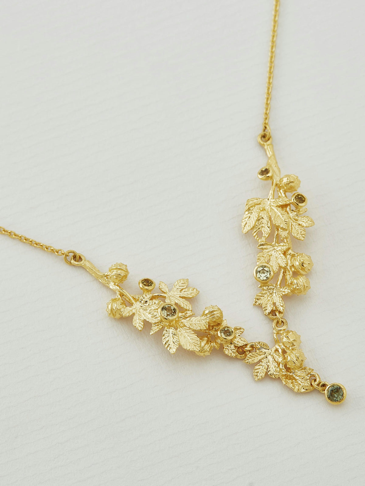 Horse chestnut Cascading Necklace with Green Madagascan Sapphires