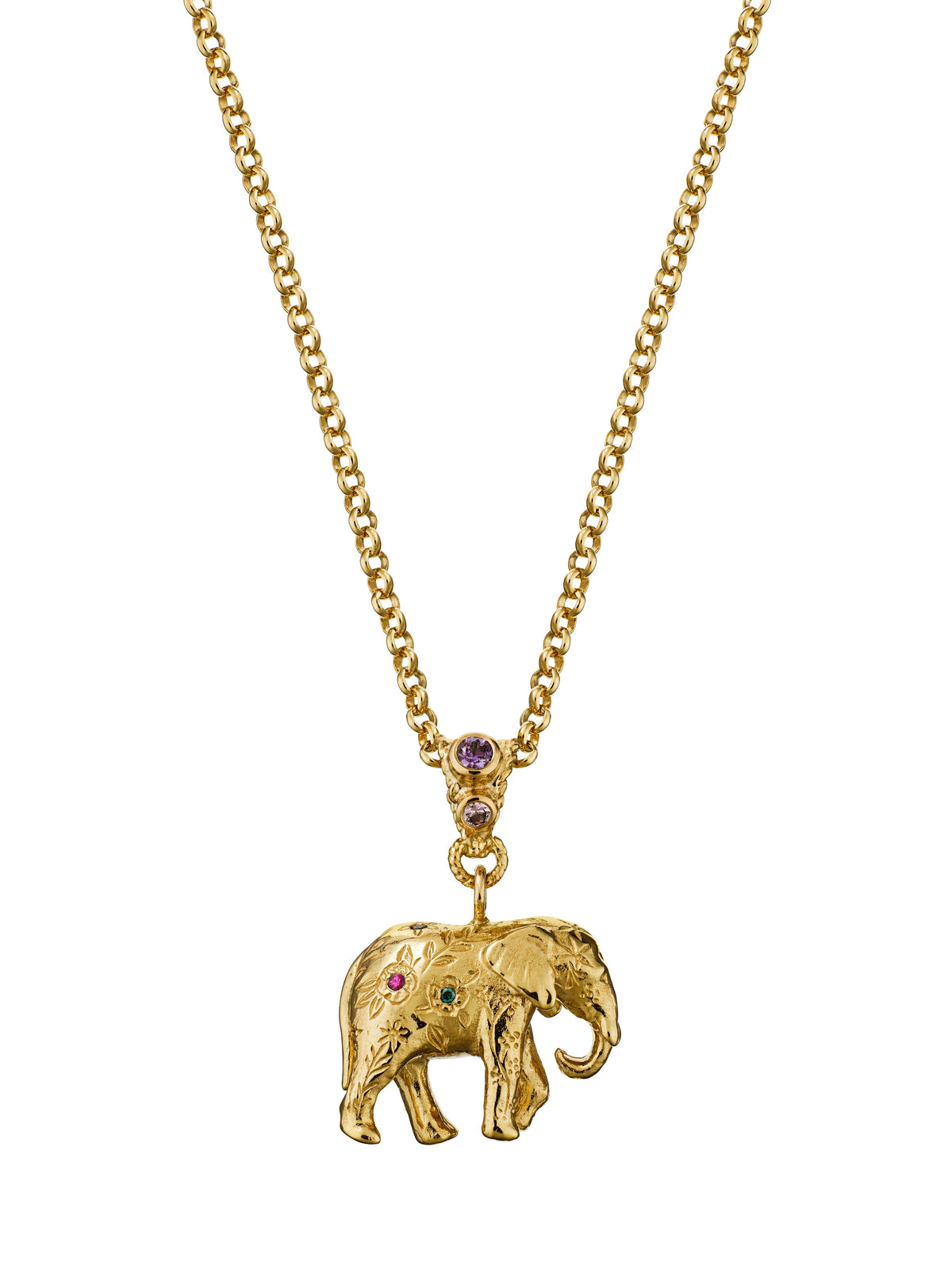 Floral Engraved Elephant Necklace with Rainbow Sapphires and Diamonds