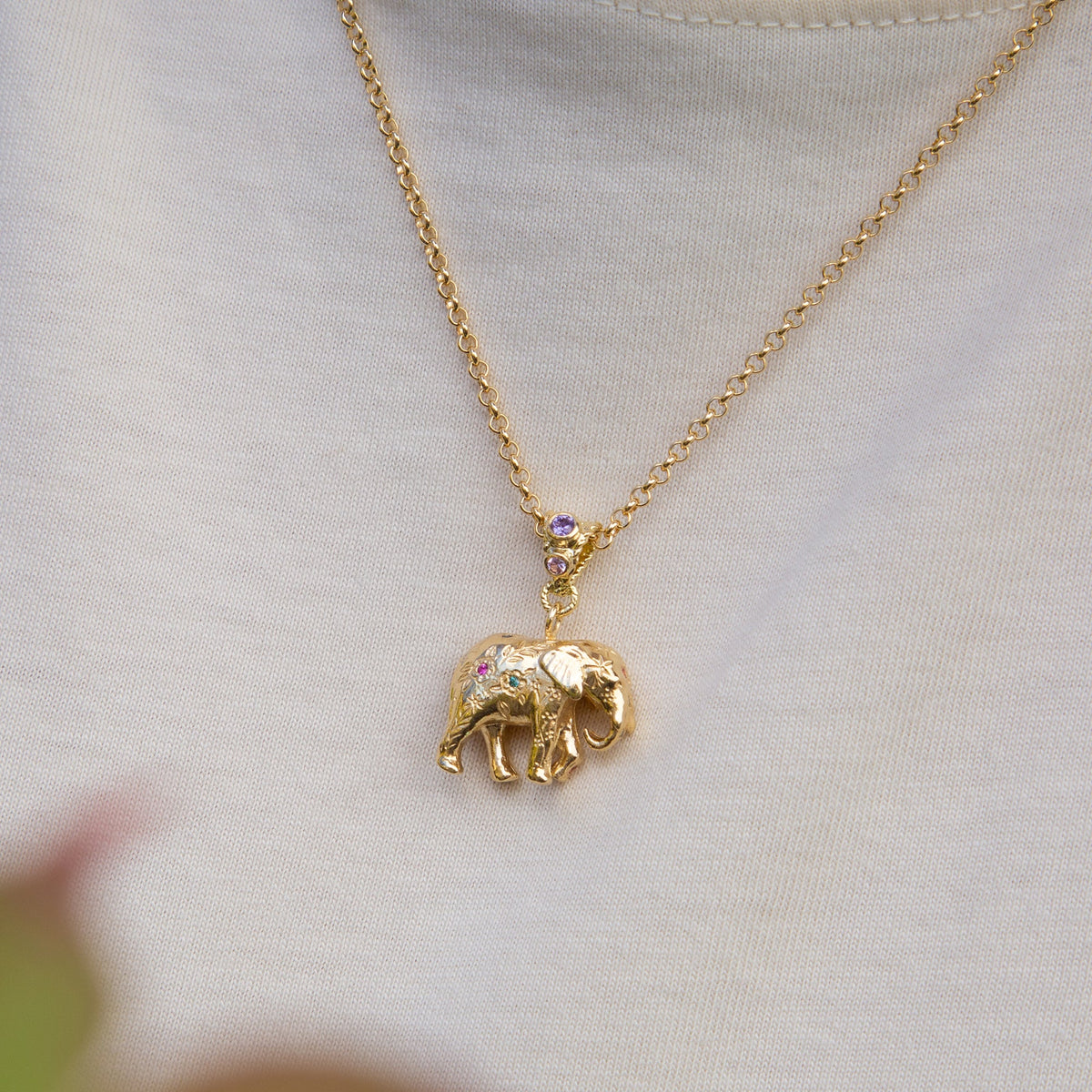 Floral Engraved Elephant Necklace with Rainbow Sapphires and Diamonds