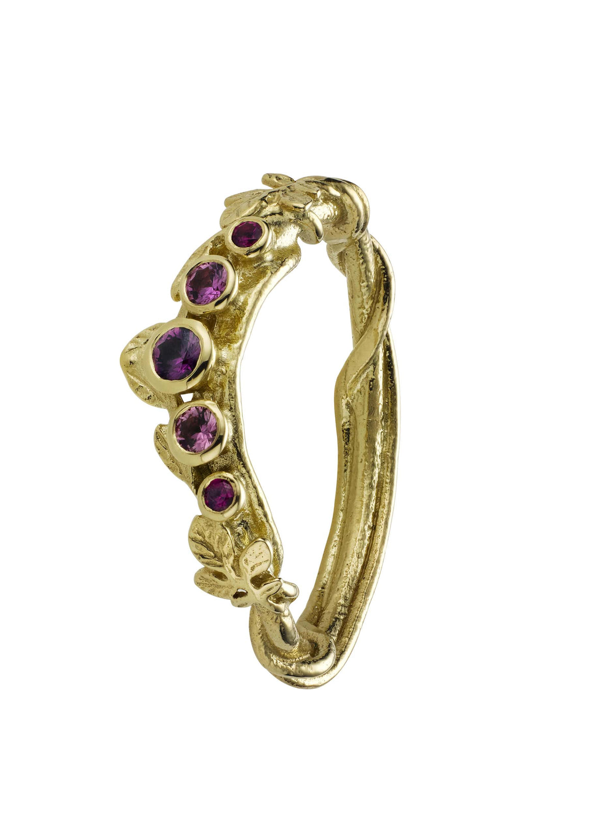 Curved Wildrose Leaf Band with Five Graduated Bezel Set Rubies